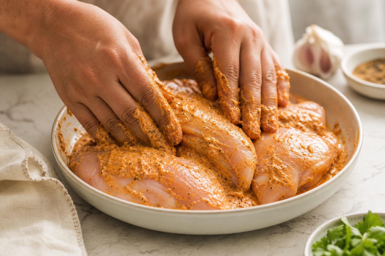Hands rubbing spiced yogurt marinade into raw chicken breasts