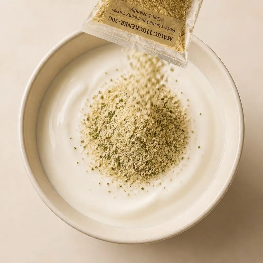 Raizada Magic Thickener being poured into a bowl of cream